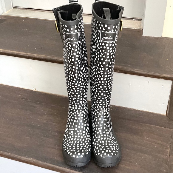 BLACK WHITE JOULES WELLY PRINT KNEE HIGH RAIN BOOTS SIZE US 8/ EU 39 - Picture 4 of 10